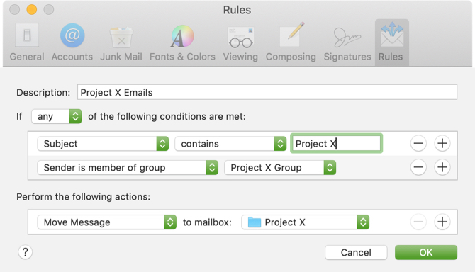 Flytt prosjektemails Mac Mail-regel