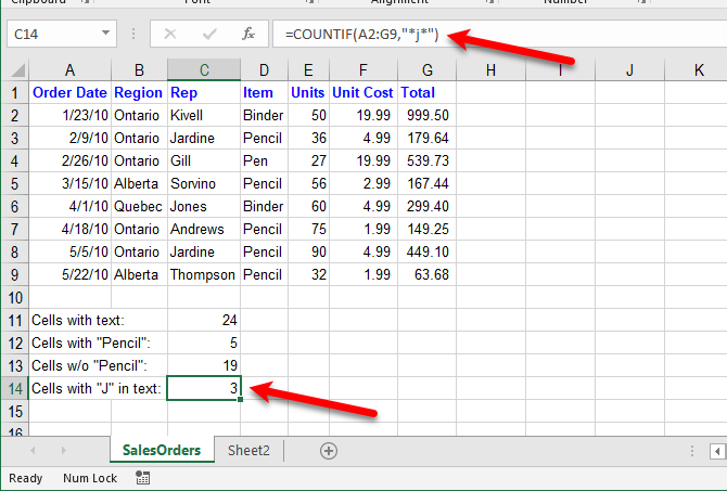 excel tekstfunksjoner - Telle celler med spesifikk tekst i hvilken som helst posisjon