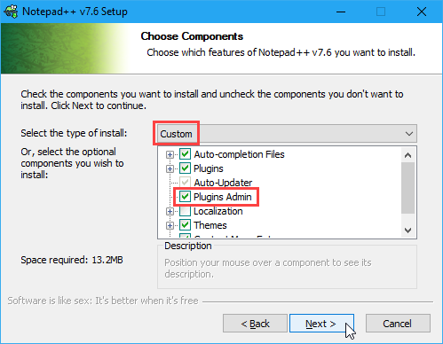 Merk av for Admin-boksen for plugins under installasjonen av Notepad ++