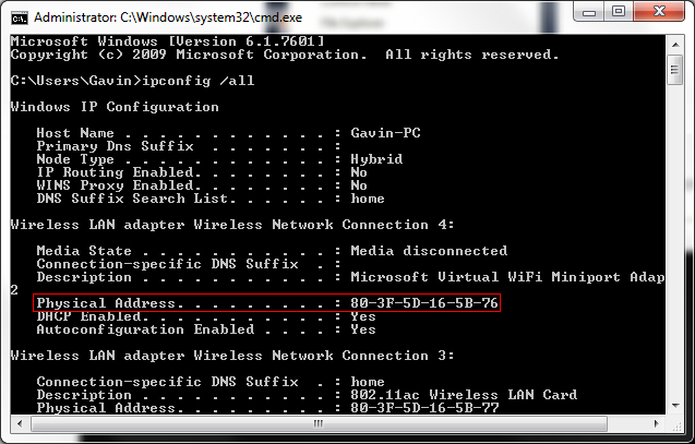 Windows Command Prompt Fysisk adresse