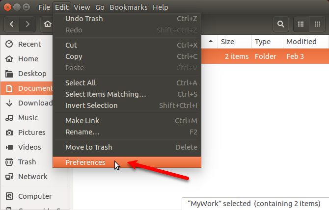 Gå til Rediger> Innstillinger i Nautilus i Ubuntu