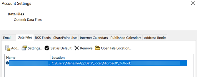 åpen Outlook-datafilplassering