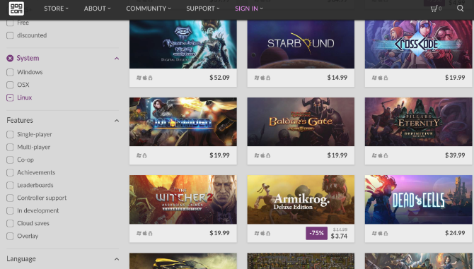 GOG-nettstedet viser spill tilgjengelig på Linux