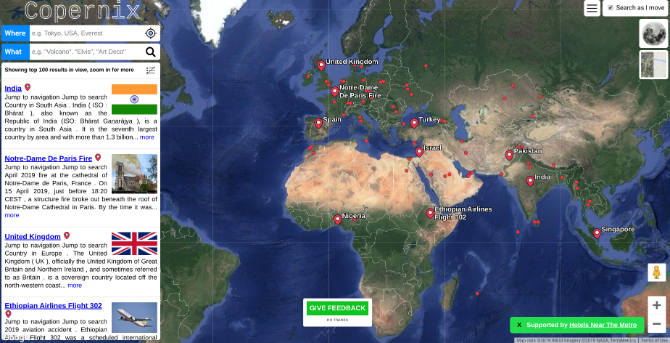 Bla gjennom verdenskartet med interessante wikipediaoppføringer på Copernix