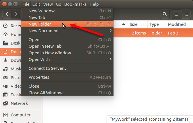 Gå til Fil> Ny mappe i Nautilus i Ubuntu