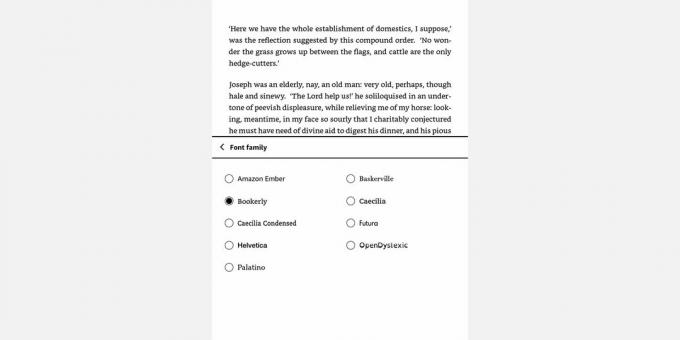 Skjermbilde av Amazon Kindle Font Family-menyen