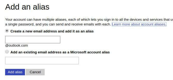 Alias-skjermbildet i Outlook