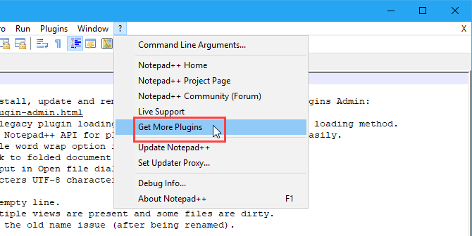 Velg Få flere plugins på Hjelp-menyen i Notisblokk ++