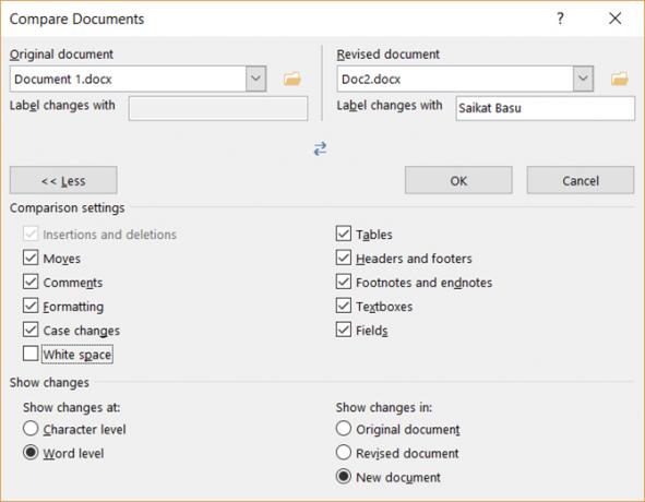 Den juridiske Blackline Dialog Box i Microsoft Word