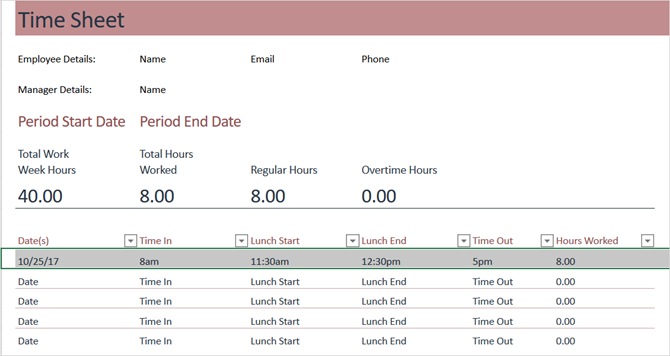 timeliste mal spor timer ukentlig excel