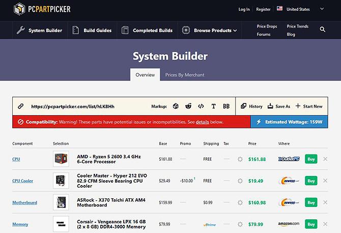 Bruke PC Part Picker - inkompatibilitet