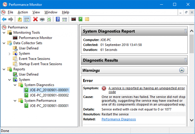 Diagnostiske resultater for Windows 10 Performance Monitor