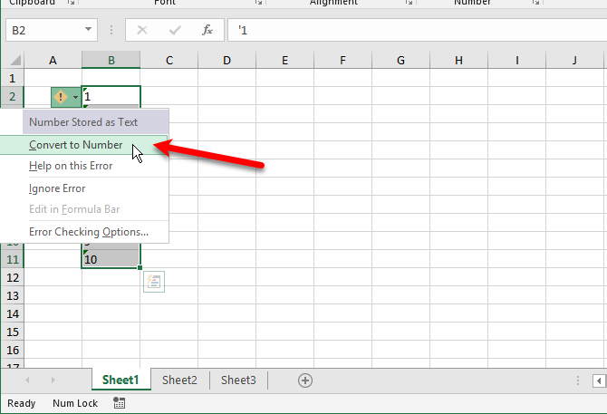 excel textfunksjoner - Velg Konverter til nummer i kolonnen