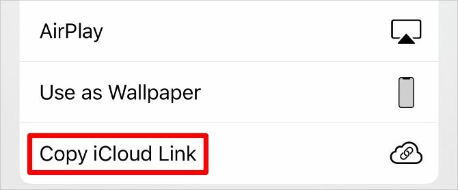 Kopier iCloud Link-knappen i iPhone Share Sheet