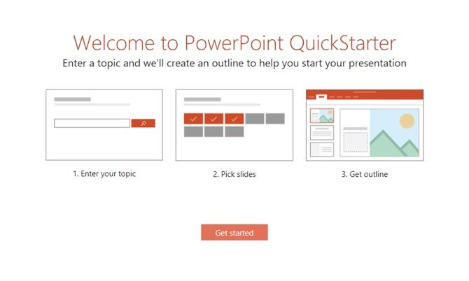 PowerPoint QuickStarter skisserer øyeblikkelig all ny presentasjon og starter deg av høyre PowerPoint Quickstarter-trinn