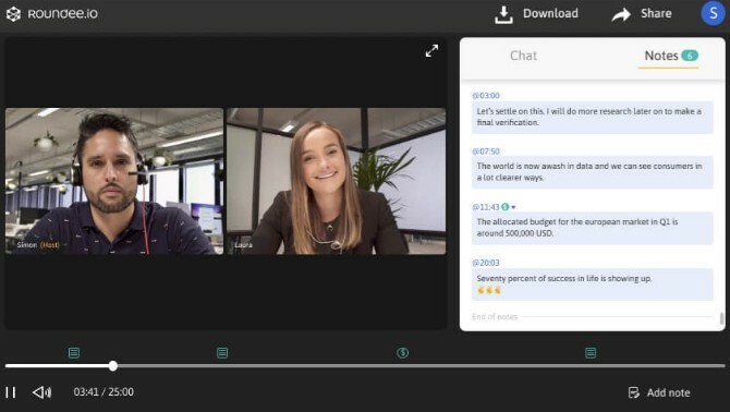 Roundee registrerer videokonferansesamtaler og lar deg legge til tidsstemplede notater i minutter fra møtet