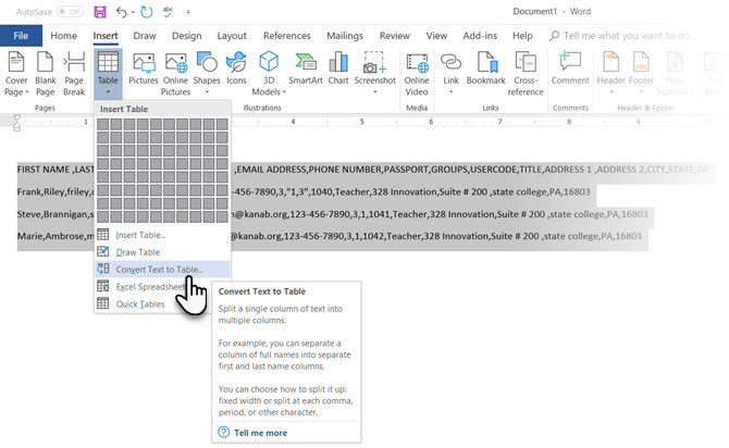 Microsoft Word Konverter tekst til tabell