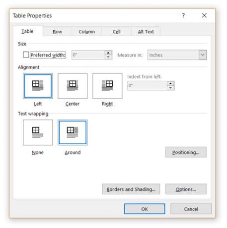 Egenskaper for Microsoft Word-tabell