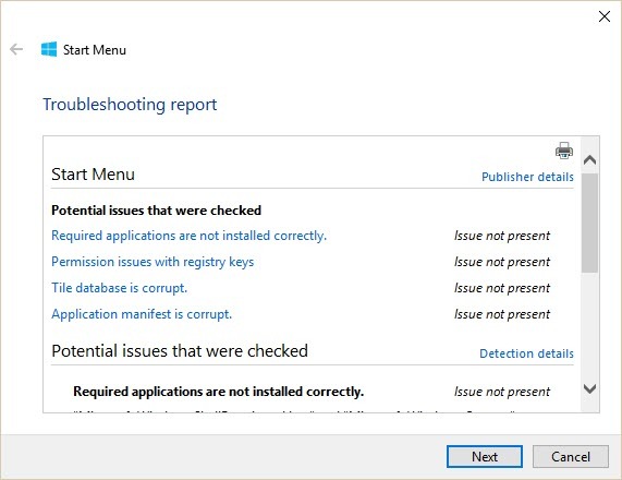 Har du problemer med startmenyen eller Cortana? Bruk Start Menu Feilsøking Windows 10 Start Menu Report