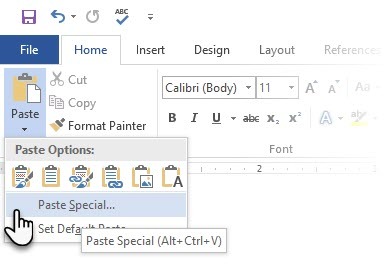 Microsoft Word Lim inn spesielt høyreklikk