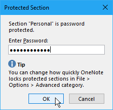 Dialogboksen Beskyttet seksjon i OneNote 2016