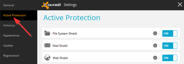 Avast - Innstillinger - Aktiv beskyttelse