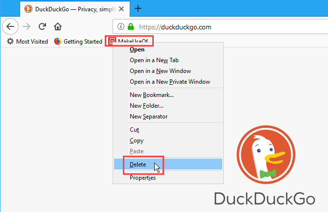 Høyreklikk på et bokmerke i Firefox og velg Slett