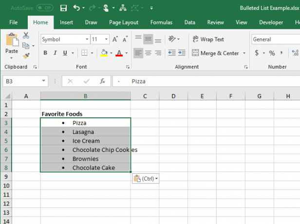 Punktliste kopiert fra Word til flere celler i Excel