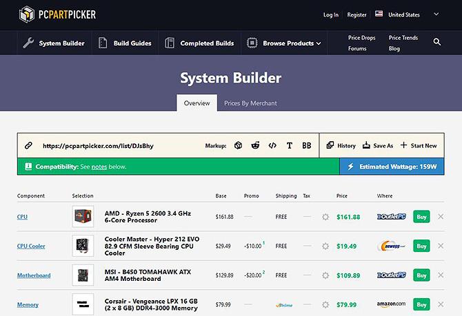 Bruke PC Part Picker - systembygger