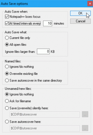 Alternativer for automatisk lagring av alternativer i Notisblokk ++