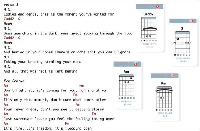 E-akkorder-side som viser The Greatest Show Guitar Chords