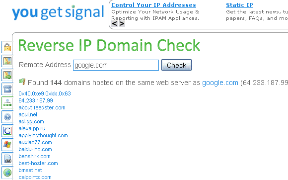 Finn andre nettsteder som kjører på din Hosting Server med YouGetSignal yougetsignalreverseip