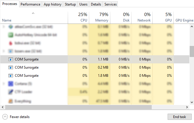 COM Surrogate-prosess i Windows Task Manager