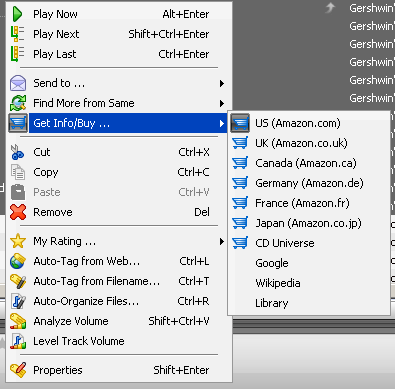 Høyreklikk på en valgt sang eller album og få denne menyen.