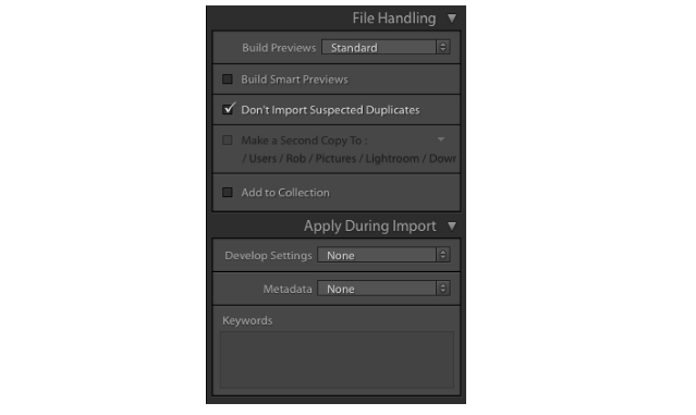 Innstillinger for Lightroom Import