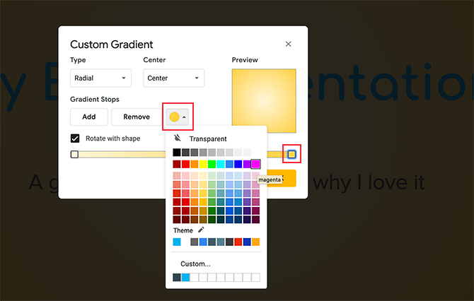 Tilpasset gradient Google Slides Endre gradientstopp