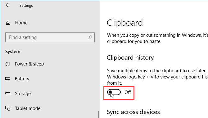 Deaktiver utklippstavlehistorikk i Windows 10-innstillinger