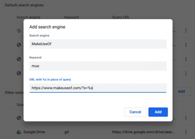 Chrome innstillinger popup for å legge til søkemotor