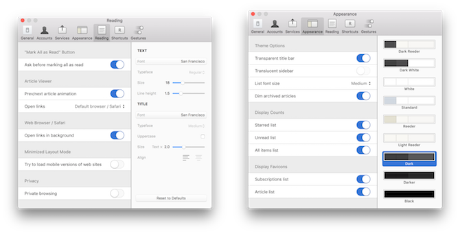 Mac RSS Readers Reeder-innstillinger