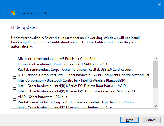 Windows 10 Skjul oppdateringsliste