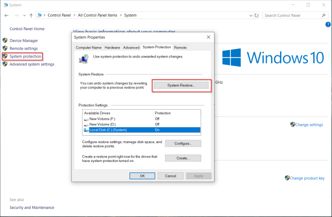 opprett et gjenopprettingspunkt i Windows 10