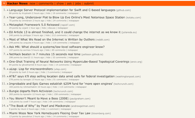 Skjermbilde av Hacker News