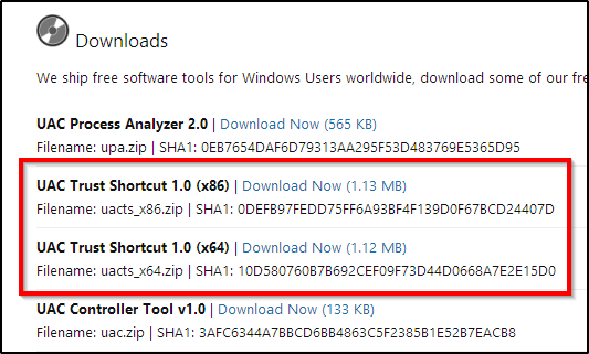 Slutt å irritere UAC-spørsmål - Hvordan lage en hvitliste for brukerkontokontroll [Windows] UAC Trust Shortcut Download Page