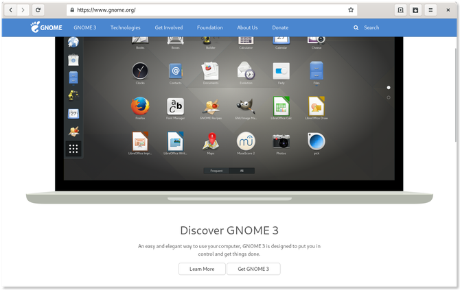 GNOME nettleser som viser GNOME webside