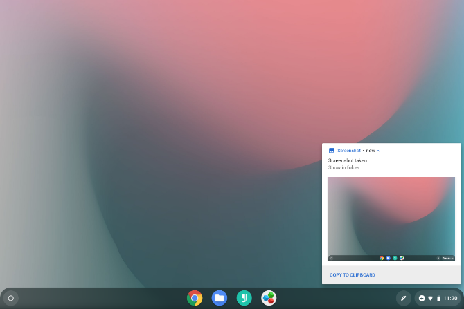 Chrome OS viser et varsel etter et skjermbilde