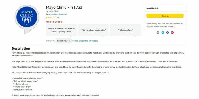 Skjermbilde av Mayo Clinic First Aid Alexa ferdighetsside