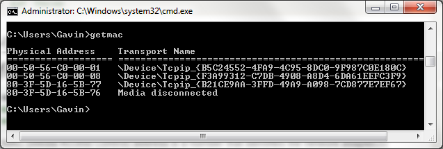 Command Prompt getmac-kommando