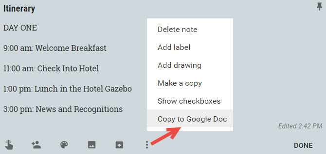 google keep events kopiere til dokumenter