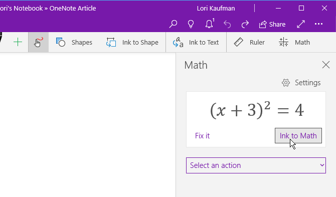 Klikk Blekk til matematikk på tegning-fanen