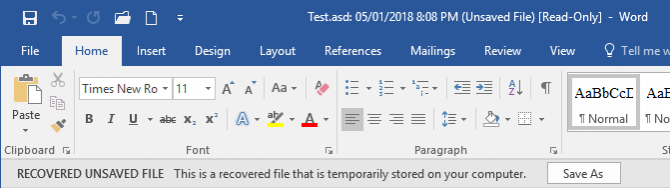 Microsoft Word gjenoppretter ikke-lagret dokument